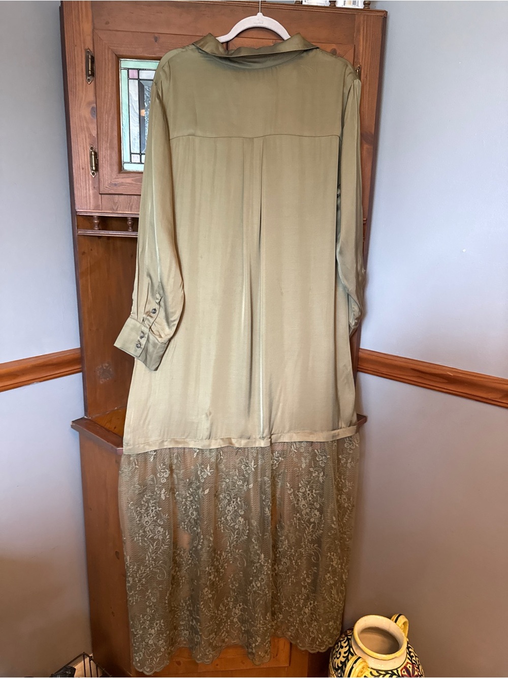Anthropologie Lace Mix Twofer Satin Maxi Dress olive green satin button-down M - Picture 4 of 16